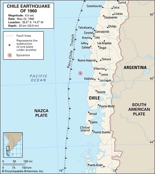 Peta yang menggambarkan episentrum di lepas pantai Cile 22 Mei 1960