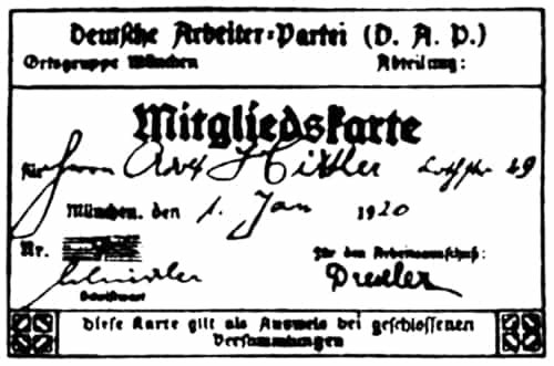 Salinan kartu keanggotaan Partai Pekerja Jerman (DAP) Adolf Hitler