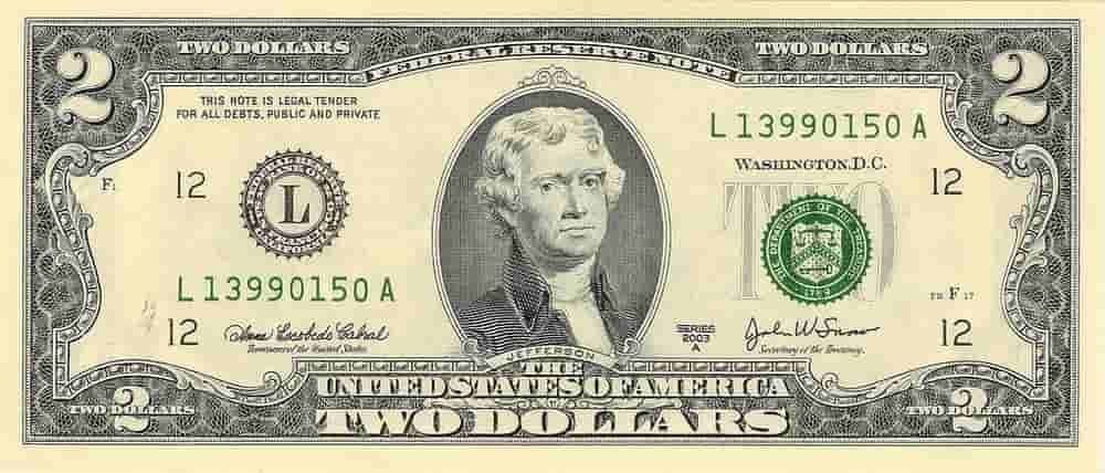 Tampak depan uang kertas 2 Dolar Amerika serikat